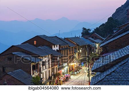 Stock Image - Night street scene in the mountain village, Bandipur, Tanahun district, Nepal, Asia. Fotosearch
