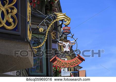Stock Photograph - Nose shield of a butchery, Rottweil, Baden-Württemberg, Germany, Europe. Fotosearch