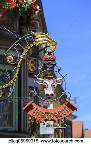 Nose shield of a butchery, Rottweil, Baden-Württemberg, Germany, Europe View Large Photo Image Stock Photography - Nose shield of a butchery, Rottweil, Baden-Württemberg, Germany, Europe. Fotosearch