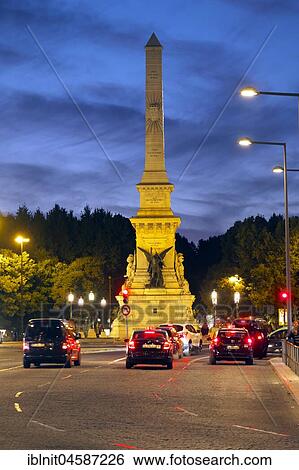 Stock Photograph - Obelisk, Monument of the Restoration War, Plaza Praça dos Restauradores, Twilight, Baixa, Lisbon, Portugal, Europe. Fotosearch