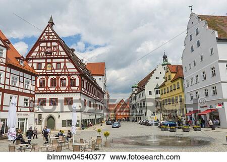 Stock Photo - Old town, half-timbered houses and square with fountain, Nördlingen, Bavaria, Germany, Europe. Fotosearch