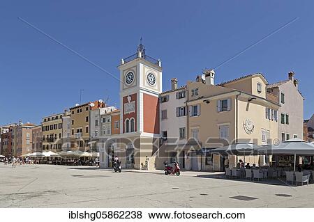 Old town with Venetian clock tower and fountain, Marsala Tita Square, Rovinj, Istria, Croatia, Europe View Large Photo Image Stock Photo - Old town with Venetian clock tower and fountain, Marsala Tita Square, Rovinj, Istria, Croatia, Europe. Fotosearch