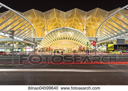 Stock Image - Oriente railway station, Garo do Oriente by night, Lisbon, Portugal, Europe. Fotosearch