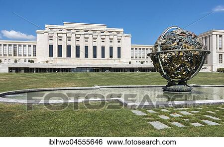 Stock Photograph - Palace of Nations, Palais des Nations, built in 1929-1938, since 1966 European headquarters of the United Nations, UNOG, in front the Wilson Globe, Geneva, Switzerland, Europe. Fotosearch