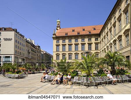 Stock Image - Palms in pedestrian zone, Alte Akademie, Neuhauser Straße, old town, Munich, Upper Bavaria, Bavaria, Germany, Europe. Fotosearch
