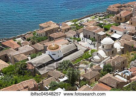 Panoramic view from Upper Town to Lower Town, Old Town, Monemvasia, Laconia, Peloponnese, Greece, Europe View Large Photo Image Stock Photo - Panoramic view from Upper Town to Lower Town, Old Town, Monemvasia, Laconia, Peloponnese, Greece, Europe. Fotosearch