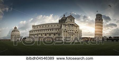 Stock Photo - Panoramic view of Santa Maria Assunta Cathedral, cathedral and the leaning tower, bell tower, Piazza del Duomo, Pisa, Tuscany, Italy, Europe. Fotosearch