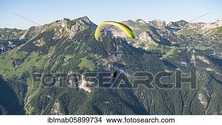 Picture - Paraglider in flight in front of the Rofan Mountains, Achensee, Tyrol, Austria, Europe. Fotosearch