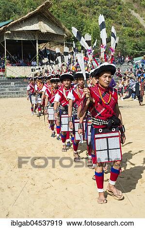 Stock Photo - Participant parade at the Hornbill Festival, Kohima, Nagaland, India, Asia. Fotosearch