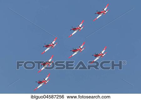 Stock Photograph - PC-7 team of the Swiss Air Force at a flight show on the occasion of Air & Days in Lucerne, Switzerland, Europe. Fotosearch