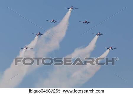 Stock Photography - PC-7 team of the Swiss Air Force at a flight show on the occasion of Air & Days in Lucerne, Switzerland, Europe. Fotosearch