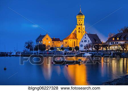 Peninsula with the parish church of St. George at night, moated castle on Lake Constance, Swabia, Bavaria, Germany, Europe View Large Photo Image Stock Photo - Peninsula with the parish church of St. George at night, moated castle on Lake Constance, Swabia, Bavaria, Germany, Europe. Fotosearch