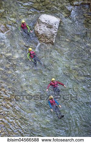 Stock Photo - People canyoning in the Gorges du Verdon, Provence-Alpes-Cote d'Azur, Provence, France, Europe. Fotosearch
