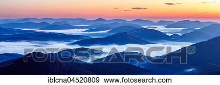 Stock Photo - Pfälzer Wald, Fog, Sunrise, Palatinate, Rhineland-Palatinate, Germany, Europe. Fotosearch