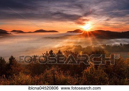 Stock Photograph - Pfälzer Wald, Fog, Sunrise, Palatinate, Rhineland-Palatinate, Germany, Europe. Fotosearch
