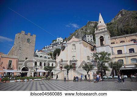 Piazza 9. Aprile, a city gate, former church of Sant Agostino and the church of San Giuseppe, Taormina, Sicily, Italy, Europe View Large Photo Image Stock Photography - Piazza 9. Aprile, a city gate, former church of Sant Agostino and the church of San Giuseppe, Taormina, Sicily, Italy, Europe. Fotosearch