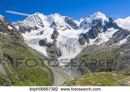 Stock Image - Piz Bernina-4049 m, Biancograt, Piz Roseg-3937 m, Grisons, Switzerland, Europe. Fotosearch