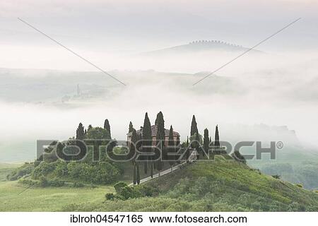 Podere Belvedere, single homestead, misty mood, San Quirico d'Orcia, Val d'Orcia, Tuscany, Italy, Europe View Large Photo Image Stock Photography - Podere Belvedere, single homestead, misty mood, San Quirico d'Orcia, Val d'Orcia, Tuscany, Italy, Europe. Fotosearch