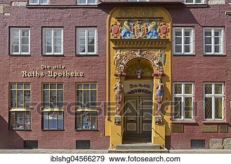 Stock Photo - Portal of Old pharmacy, Alte Rathsapotheke, Lüneburg, Lower Saxony, Germany, Europe. Fotosearch