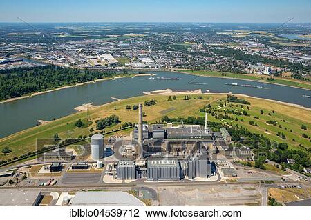 Stock Image - Power plant Lausward, coal power station, Rheinbogen, aerial photo, Düsseldorf, Rhineland, North Rhine-Westphalia, Germany, Europe. Fotosearch