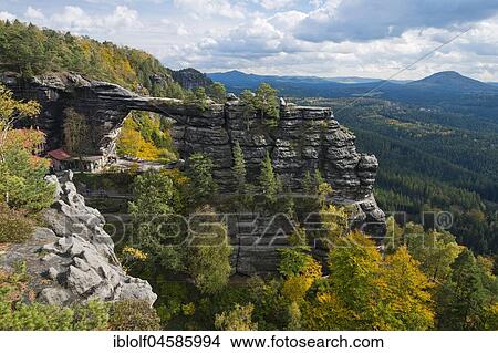 Picture - Prebischtor, Pravčická brána, largest natural sandstone rock bridge in Europe, Hrensko, Bohemian Switzerland, Czech Republic, Europe. Fotosearch