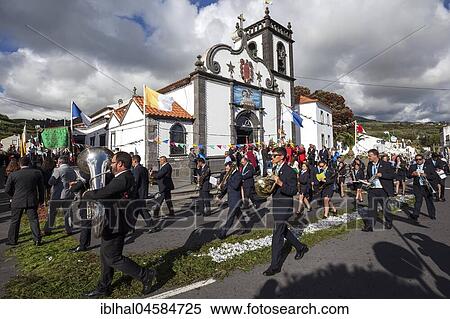 Procession to the Santo Christo Feast in front of the church in Ginetes, music band, Island of Sao Miguel, Azores, Portugal, Europe View Large Photo Image Stock Photography - Procession to the Santo Christo Feast in front of the church in Ginetes, music band, Island of Sao Miguel, Azores, Portugal, Europe. Fotosearch