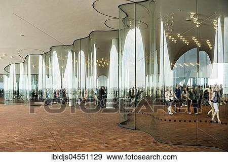 Public viewing platform, Plaza with wind deflector made of curved glass, Elbe Philharmonic Hall, architects Herzog & De Meuron, Hafencity, Hamburg, Germany, Europe View Large Photo Image Stock Photo - Public viewing platform, Plaza with wind deflector made of curved glass, Elbe Philharmonic Hall, architects Herzog & De Meuron, Hafencity, Hamburg, Germany, Europe. Fotosearch