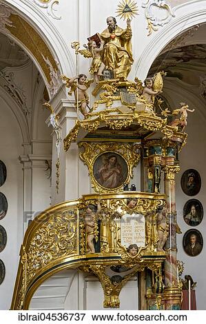 Pulpit with church lecturer Augustinus, interior of the monastery church of the Ascension, rococo church, Markt Indersdorf, Upper Bavaria, Bavaria, Germany, Europe View Large Photo Image Stock Photo - Pulpit with church lecturer Augustinus, interior of the monastery church of the Ascension, rococo church, Markt Indersdorf, Upper Bavaria, Bavaria, Germany, Europe. Fotosearch