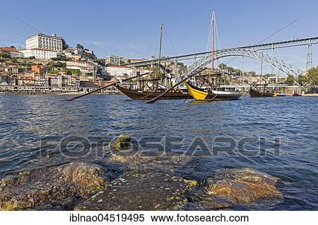 Stock Photography - Rabelo boats, port wine boats on the Rio Douro, Porto, Portugal, Europe. Fotosearch