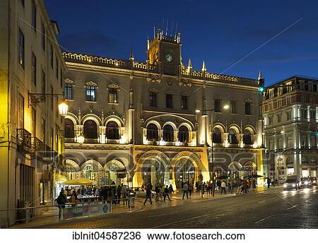 Stock Photograph - Railway station Rossio, Estacao do Rossio, Twilight, Baixa, Lisbon, Portugal, Europe. Fotosearch