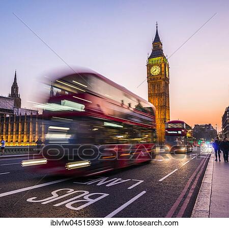 Red double decker bus in front of Big Ben, dusk, evening light, sunset, Houses of Parliament, Westminster Bridge, City of Westminster, London, London region, England, United Kingdom, Europe View Large Photo Image Stock Photo - Red double decker bus in front of Big Ben, dusk, evening light, sunset, Houses of Parliament, Westminster Bridge, City of Westminster, London, London region, England, United Kingdom, Europe. Fotosearch