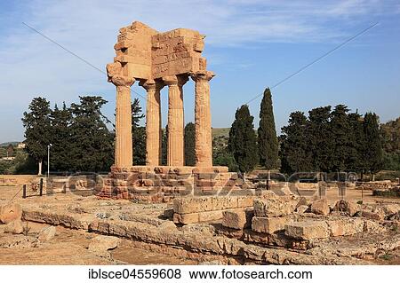 Stock Photo - Remains of theTemple of the Dioscuri, Tempio di Dioscuri, ancient city of Akragas, Valley of the Temples, Agrigento, Sicily, Italy, Europe. Fotosearch