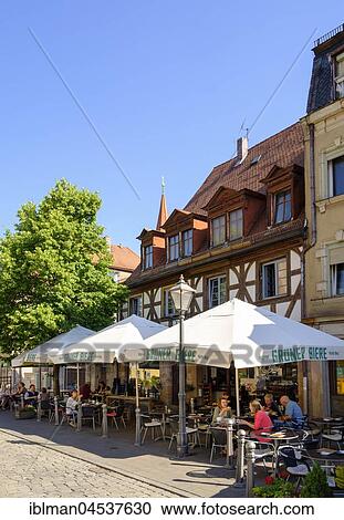Stock Image - Restaurants in Gustavstraße, old town, Fürth, Middle Franconia, Franconia, Bavaria, Germany, Europe. Fotosearch