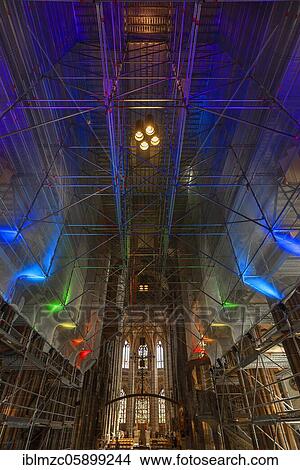 Restoration, scaffolding in the Lorenzkirche, colored lighting, Nuremberg, Middle Franconia, Bavaria, Germany, Europe View Large Photo Image Picture - Restoration, scaffolding in the Lorenzkirche, colored lighting, Nuremberg, Middle Franconia, Bavaria, Germany, Europe. Fotosearch