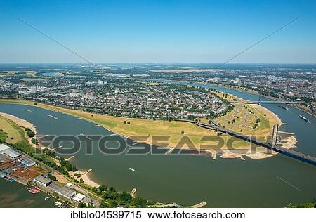 Stock Photography - Rheinbogen near Oberkassel, Niederkassel, television tower Rheinkniebrücke, aerial photo, Düsseldorf, Rhineland, North Rhine-Westphalia, Germany, Europe. Fotosearch