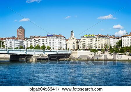 Stock Photo - Rhône Banks with Lyon skyline and pencil skyscraper, Lyon, Rhône Alpes, France, Europe. Fotosearch