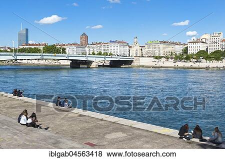 Stock Photo - Rhône Banks with Lyon skyline and pencil skyscraper, Lyon, Rhône Alpes, France, Europe. Fotosearch