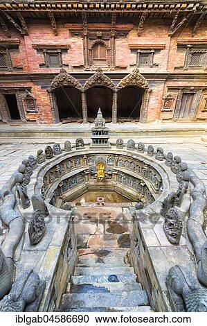 Stock Image - Ritual bathing pool, Sundari Chowk, Hanuman Dhoka Royal Palace, Patan Durbar Square, Unesco World Heritage Site, Kathmandu valley, Lalitpur, Nepal, Asia. Fotosearch