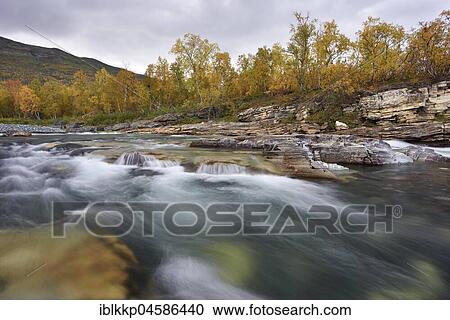 Stock Image - River Abiskojakka River flows through Abisko Canyon, river landscape in autumn, Abisko National Park, Sweden, Europe. Fotosearch