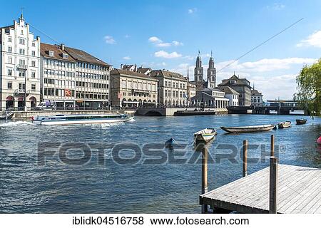 Stock Photo - River Limmat, Limmatquai and Grossmünster, Zurich, Canton of Zurich, Switzerland, Europe. Fotosearch