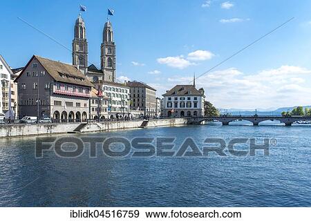 Stock Photo - River Limmat, Limmatquai and Grossmünster, Zurich, Canton of Zurich, Switzerland, Europe. Fotosearch