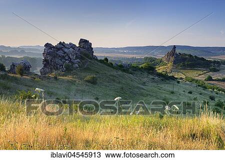 Rock formation, nature reserve Teufelsmauer, morning light, near Weddersleben, Harz, Saxony-Anhalt, Germany, Europe View Large Photo Image Stock Image - Rock formation, nature reserve Teufelsmauer, morning light, near Weddersleben, Harz, Saxony-Anhalt, Germany, Europe. Fotosearch