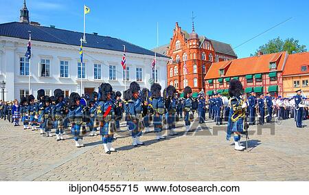 Stock Photography - Royal Air Force Central Scotland Pipes and Drums, opening of Ystad International Military Tattoo on the square, Ystad, Scania, Sweden, Europe. Fotosearch