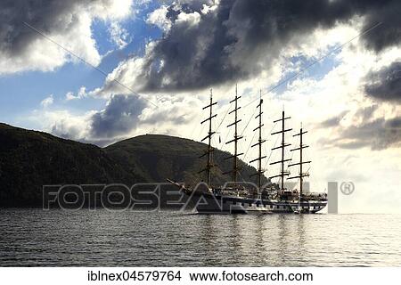 Picture - Royal Clipper in the old port of Lipari, Lipari Islands, Italy, Europe. Fotosearch