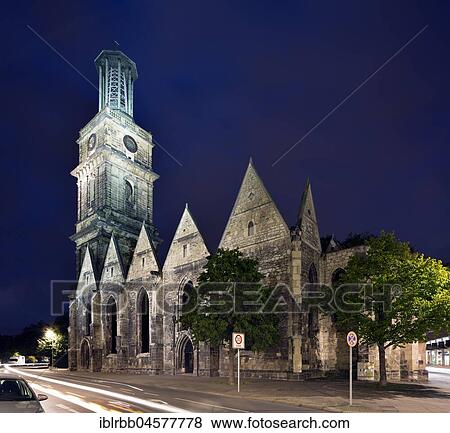 Stock Photo - Ruin of the Aegidienkirche, memorial of World War II, night view, Hannover, Lower Saxony, Germany, Europe. Fotosearch