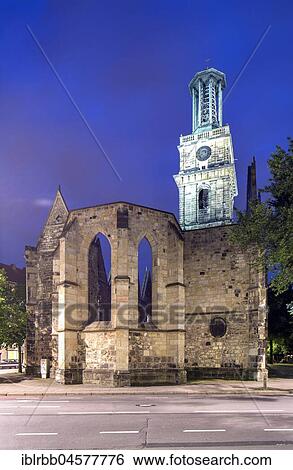 Stock Photograph - Ruin of the Aegidienkirche, memorial of World War II, night view, Hannover, Lower Saxony, Germany, Europe. Fotosearch