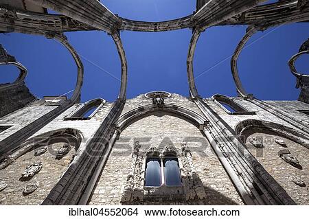 Picture - Ruins of the monastery church of the former convent of the Carmelite order, Convento do Carmo, frog perspective, Chiado district, Lisbon, Portugal, Europe. Fotosearch