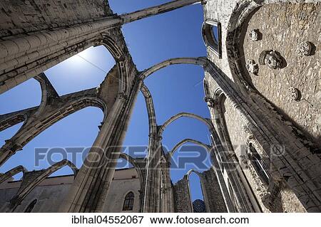 Stock Photo - Ruins of the monastery church of the former convent of the Carmelite order, Convento do Carmo, Chiado district, Lisbon, Portugal, Europe. Fotosearch