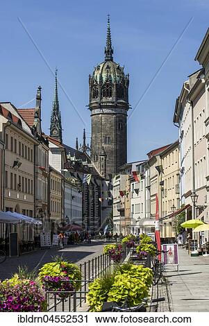 Schlossstraße with tower of the castle church, Luther city Wittenberg, Saxony-Anhalt, Germany, Europe View Large Photo Image Stock Image - Schlossstraße with tower of the castle church, Luther city Wittenberg, Saxony-Anhalt, Germany, Europe. Fotosearch