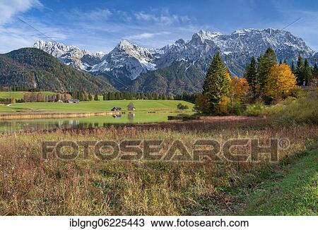 Stock Image - Schmalensee with Karwendel Mountains, Mittenwald, Isar Valley, Werdenfelser Land, Upper Bavaria, Bavaria, Germany, Europe. Fotosearch